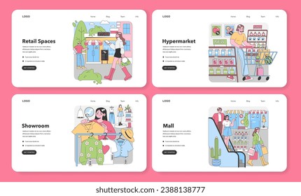 Shopping set. Customers explore varied retail experiences. Urban store exterior, bustling hypermarket. Trendy showroom visit, lively mall scene. Flat vector illustration.