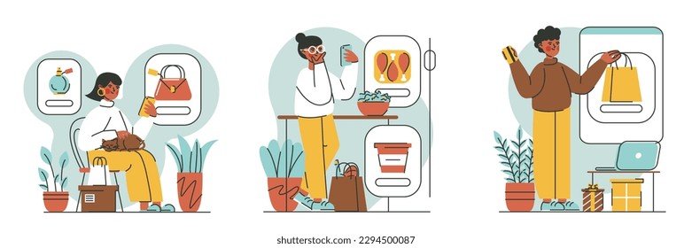 Compra de diferentes clientes haciendo compras en tiendas online. Pedir comida en línea, comprar regalos con tarjeta de crédito. Comprando cosméticos y ropa desde casa. Ilustración plana del vector