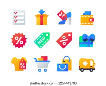 Shopping - set of flat design style icons on white background. High quality bright web elements, images of check list, sale, new and discount labels, cart, delivery, truck, present, bags, box, wallet svg