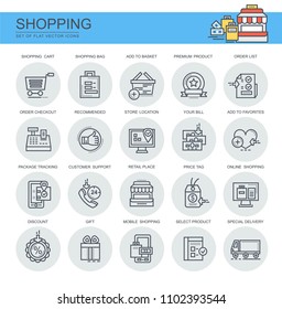 Shopping. Set of flat, linear  icons. Set contains such icons as online shopping, shopping cart and others.