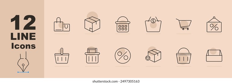 Shopping set icon. Shopping bag, package, calendar, basket, cart, sale sign, discount tag, delivery box, checkout, product selection, purchase