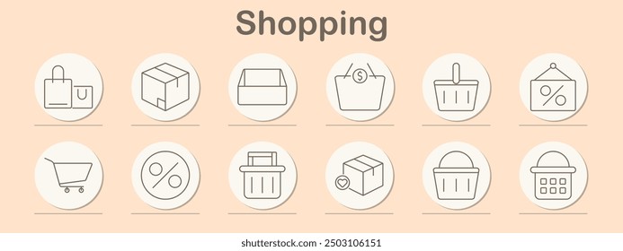 Shopping set icon. Bags, package, basket, discount, cart, percentage, delivery, box, checkout, sale, purchase, product, retail, e-commerce, store, shop, online, transaction, shipping, basket, commerce
