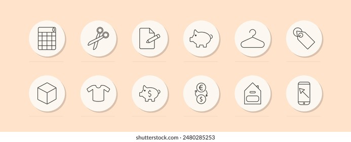 Shopping set icon. Calendar, scissors, document, piggy bank, hanger, tag, box, shirt, currency exchange, house, smartphone. Vector line icon on peach background.