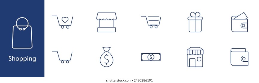 Shopping-Set-Symbol. Warenkorb, Laden, Geldbörse, Geld, Geschenk, Einkaufstasche, Markt, Kauf, Transaktion, Shop. Einzelhandel, Handel, E-Commerce-Konzept.