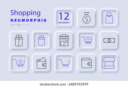 Icono de Shopping set. Regalo, tienda, Carrito, dinero, cartera, bolso de compras, producto, pago, Completar compra, mercado, venta al por menor.