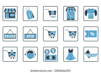 Shopping set icon illustration. Solid icon style. Store, tag, order, Shopping cart, best offer, money,  and others. Simple vector design editable