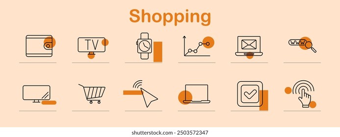 Icono de conjunto de compras. Cartera, televisor, reloj, gráfico, correo electrónico, búsqueda, monitor, Carrito, cursor, ordenador portátil, marca de verificación, tacto, comercio electrónico, venta al por menor, tienda en línea, pago, bienes de consumo, compra, tienda de Internet