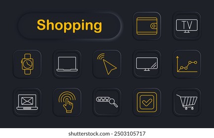 Shopping set icon. Wallet, TV, laptop, watch, cart, cursor, graph, online shopping, electronics, finance, e-commerce, digital, technology, transaction, gadgets, retail, communication, purchase.