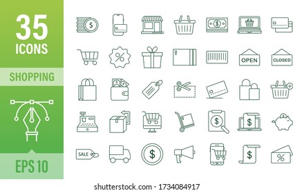 Shopping set icon for web design. E commerce. Discount coupon. Business icon. Price tag. Line vector. Vector stock illustration.