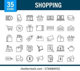 Shopping set icon for web design. E commerce. Discount coupon. Business icon. Price tag. Line vector. Vector stock illustration.