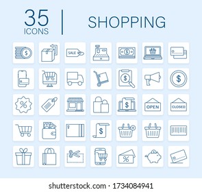 Shopping set icon for web design. E commerce. Discount coupon. Business icon. Price tag. Line vector. Vector stock illustration.