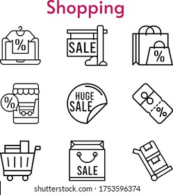 shopping set. included online shop, shopping bag, sale, shopping cart, discount, trolley icons. linear styles.