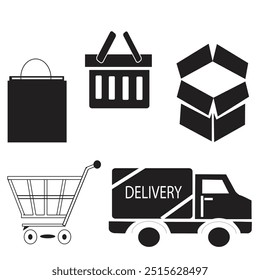 shopping set including cart, barcode, laptop, wallet, tag icons