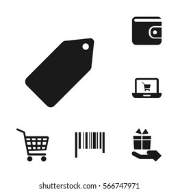 shopping set including cart, barcode, laptop, wallet, tag icons
