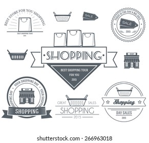 Shopping set label template of emblem element for your product or design, web and mobile applications with text. Vector illustration with thin lines isolated icons on stamp symbol. 