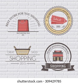 Shopping set label template of emblem element for your product or design, web and mobile applications with text. Vector illustration with thin lines isolated icons on stamp symbol. 