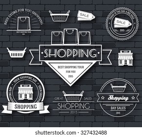 Shopping set label template of emblem element for your product or design, web and mobile applications with text. Vector illustration with thin lines isolated icons on stamp symbol