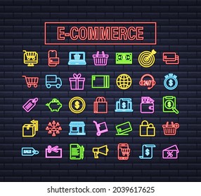 Shopping set neon icon for web design. E commerce. Discount coupon. Business icon. Price tag. Line vector. Vector stock illustration.