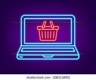 Shopping set neon icon for web design. E commerce. Discount coupon. Business icon. Price tag. Line vector. Vector stock illustration