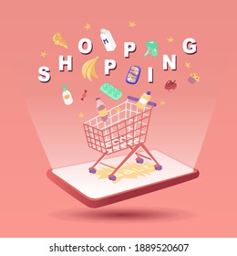 Shopping set with products and letters. Vector illustration. Online market, delivery, buy, purchase, trolley. Apple, eggs, cupcake, broccoli, milk, cheese, candy, soap, banana, drink, chicken.