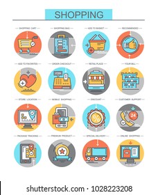 Shopping. Set of vector, flat icons. Seth contains such icons as discounts, online shopping, special delivery and others.