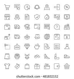 shopping and shipping icons set, thin line, black color