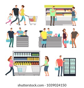 Shopping Shop People In Supermarket. Family Buyers And Store Employees In Mall Vector Icons Set. Supermarket And Customer, Shopper In Grocery Retail Illlustration