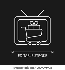 Shopping show white linear icon for dark theme. Teleshopping program. Movie about shopaholic. Thin line customizable illustration. Isolated vector contour symbol for night mode. Editable stroke