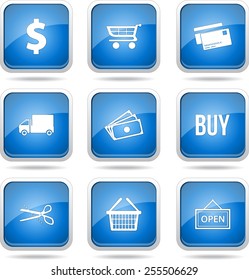 Shopping Sign Square Vector Blue Icon Design Set