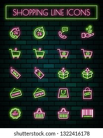 Shopping sign thin neon glowing line icons set.vector illustration.
