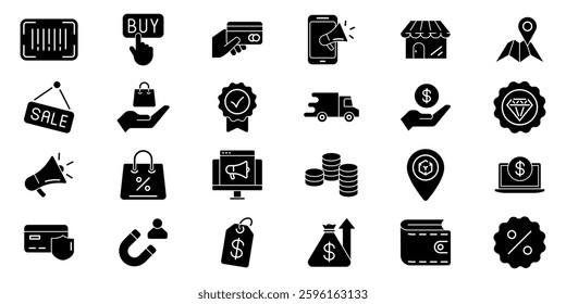 Shopping silhouette icon set. E-commerce icon set.