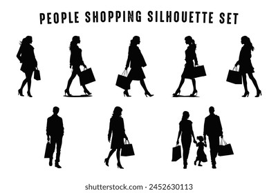 Shopping Silhouette Vector Set, People Shopping black Silhouette clipart bundle