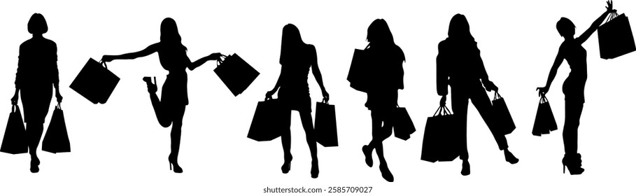 Shopping, silhouettes of girls making purchases. Girls with new purchases. Shadows of girls with bags in their hands