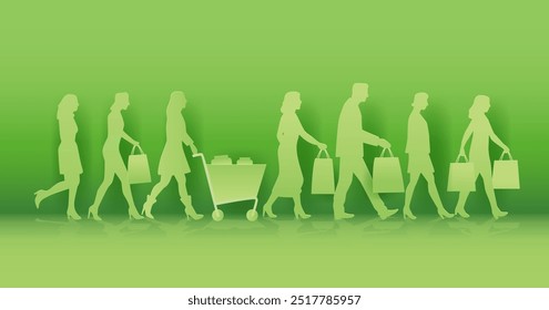 Shopping silhouettes people carrying bags green background shopping cart paper cut style