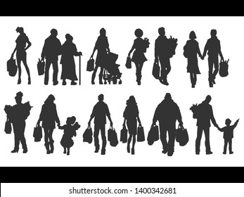 shopping, silhouettes of people with packages and bags set