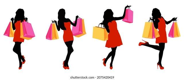 Shopping sillhouettes set. Black sillhouettes of women with shopping bags and red dress isolated on white background.