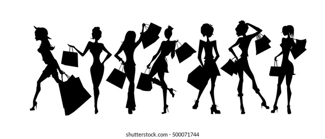 Shopping sillhouettes set. Black sillhouettes of women with shopping bags on white background. Elegant, young and slim women.