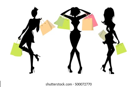 Shopping sillhouettes set. Black sillhouettes of women with colorful shopping bags on white background. Elegant, young and slim women.