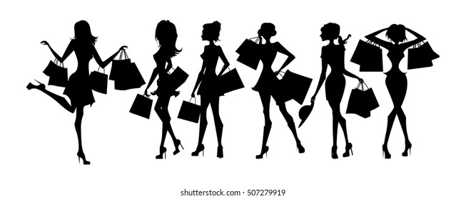 Shopping sillhouettes set. Black sillhouettes of women with shopping bags on white background. Elegant, young and slim women.