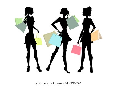 Shopping sillhouettes set. Black sillhouettes of women with colorful shopping bags on white background. Elegant, young and slim women.