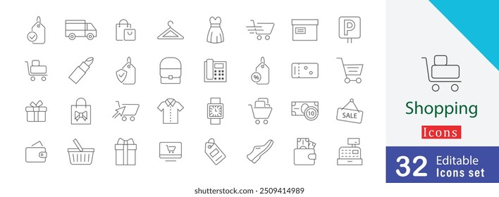 Shopping simple line art icon style. containing shirt, shopping bag, credit card,  delivery truck, shopping basket, wallet and more stroke