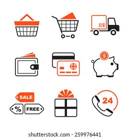 Shopping simple vector icon set - cart, delivery, purse, card, money box, sale, gift, phone 