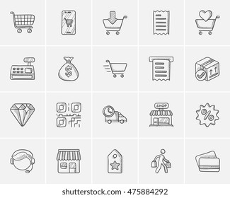 Shopping Sketch Symbol für Web-, Mobil- und Infografiken gesetzt. Handgezeichnetes Shopping-Icon-Set. Warenkorb-Symbol-Set. Einkaufssymbol einzeln auf weißem Hintergrund.