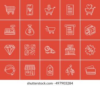 Juego de iconos de sketch para web, móvil e infografía. Juego de iconos de compras dibujados a mano. Juego de iconos de vector de compras. Icono de compras aislado en fondo rojo.