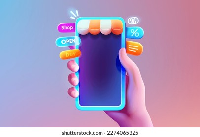Comprando smartphone, pago de caja de pantalla, mercado en línea. Ilustración del vector