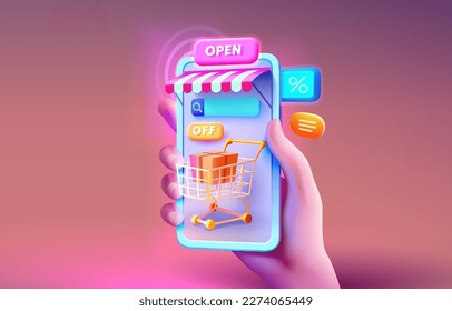 Shopping smart phone, screen box pay, online market. Vector illustration