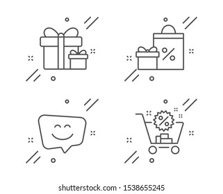 Shopping, Smile face and Surprise package line icons set. Shopping cart sign. Gifts and sales, Chat, Present boxes. Discount. Holidays set. Line shopping outline icon. Vector