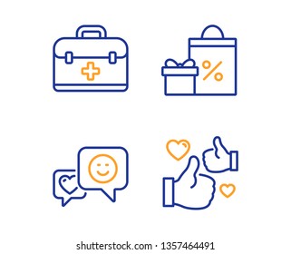 Shopping, Smile And First Aid Icons Simple Set. Like Sign. Gifts And Sales, Socila Media, Medicine Case. Thumbs Up. Linear Shopping Icon. Colorful Design Set. Vector