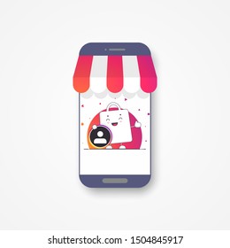 Shopping in social media. E-commerce in social network. Smartphone and colorful awning. Social media  concept. Vector illustration. EPS 10