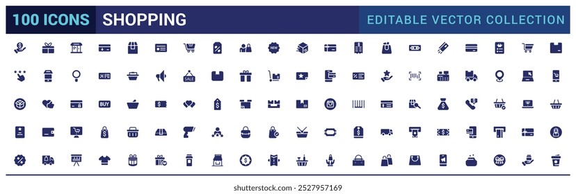 Shopping solid icons set, Online shopping, store, delivery, Filled icon collection, Glyph icons set for web and ui. Editable Vector illustration.